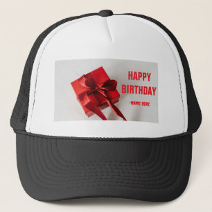 Red Color Gift Box Wrapper Text Happy Birthday-Cap Trucker Hat