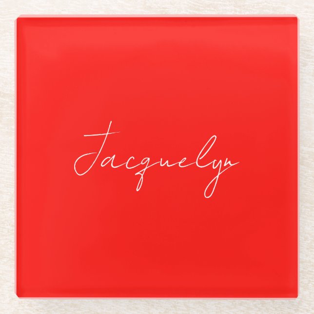 Red Colour Plain Elegant Modern Minimalist Name Glass Coaster (Front)
