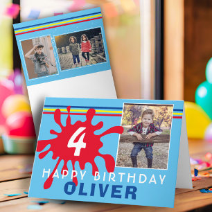 Red Colour Splash 3 Photo Birthday Card for Kids