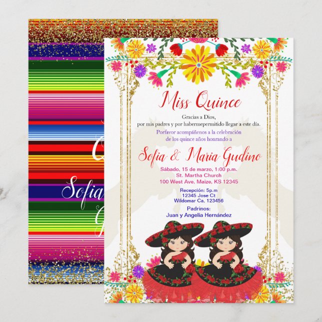 Red Colourful Mexican Floral Twin Quinceañera Invitation (Front/Back)