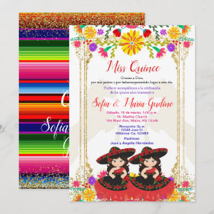 Red Colourful Mexican Floral Twin Quinceañera Invitation