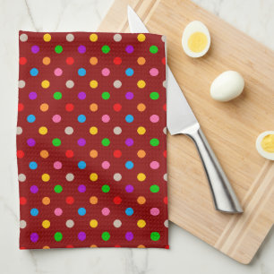 Red Colourful Rainbow Polka Dots Design Tea Towel