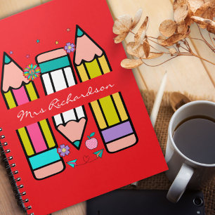 Red Colourful teacher name pencil cartoon Notebook