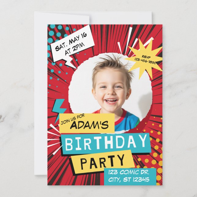 Red Comic Birthday Party with Picture Invitation (Front)