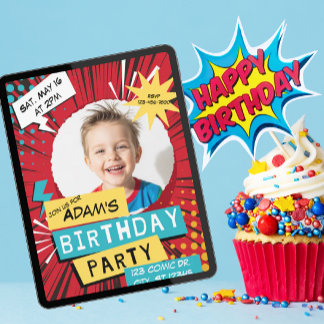 Red Comic Birthday Party with Picture Invitation