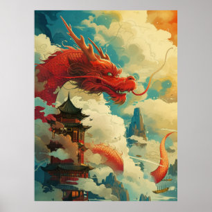Red Comic Style Chinese Dragon Poster