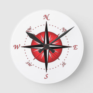 Red Compass Rose Round Clock