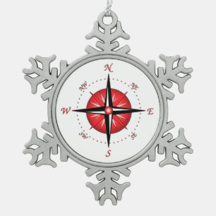 Red Compass Rose Snowflake Pewter Christmas Ornament