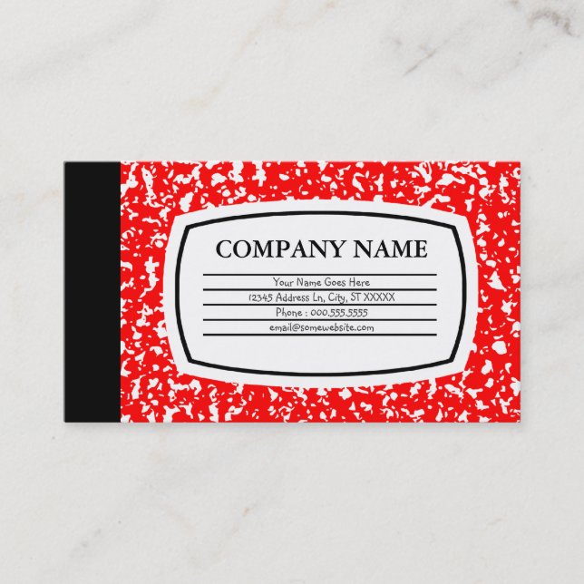 red composition book business card (Front)