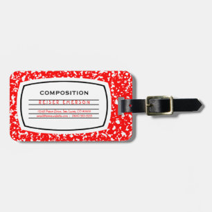 red composition book luggage tag