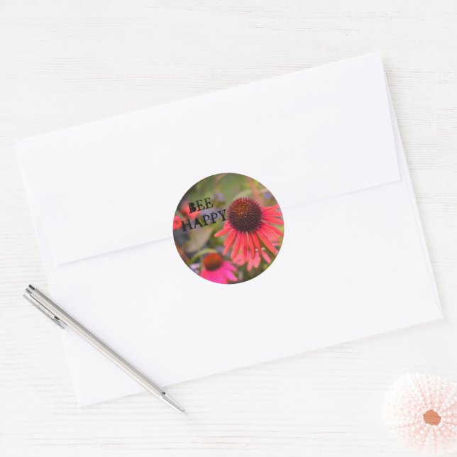 Red Cone Flowers Echinacea Fun Bee Happy Classic Round Sticker (Envelope)