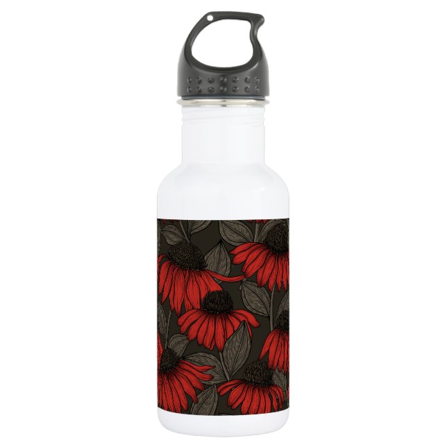 Red coneflowers on brown 532 ml water bottle (Front)
