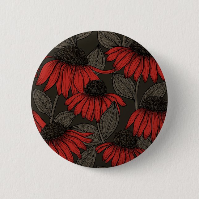 Red coneflowers on brown 6 cm round badge (Front)