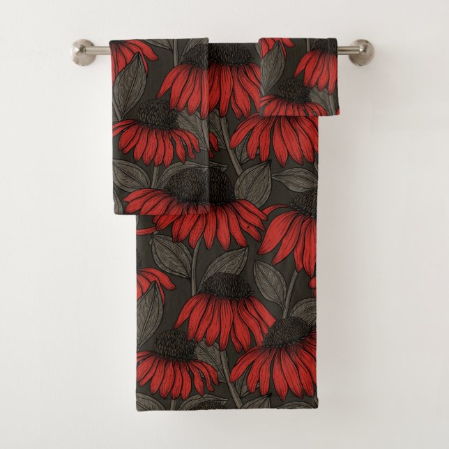 Red coneflowers on brown bath towel set (Insitu)