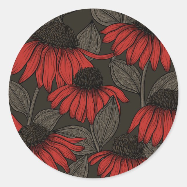 Red coneflowers on brown classic round sticker (Front)