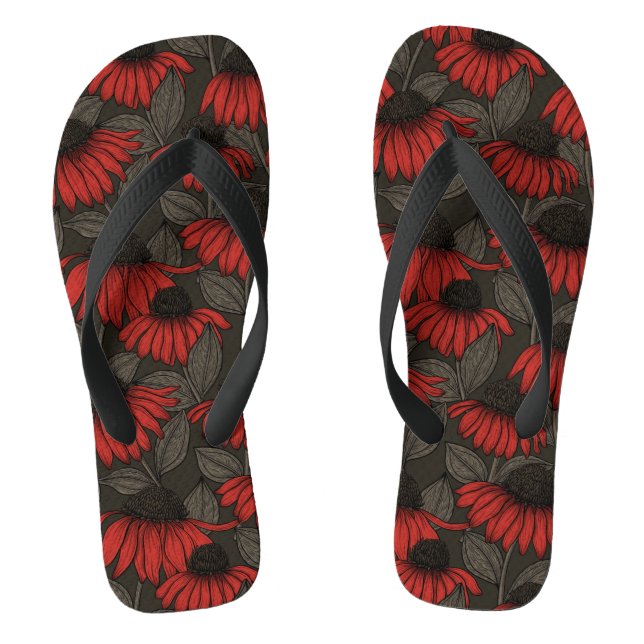 Red coneflowers on brown flip flops (Footbed)