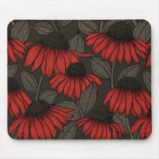 Red coneflowers on brown mouse mat (Front)