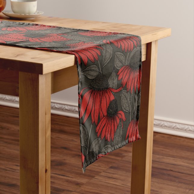 Red coneflowers on brown short table runner (In Situ)