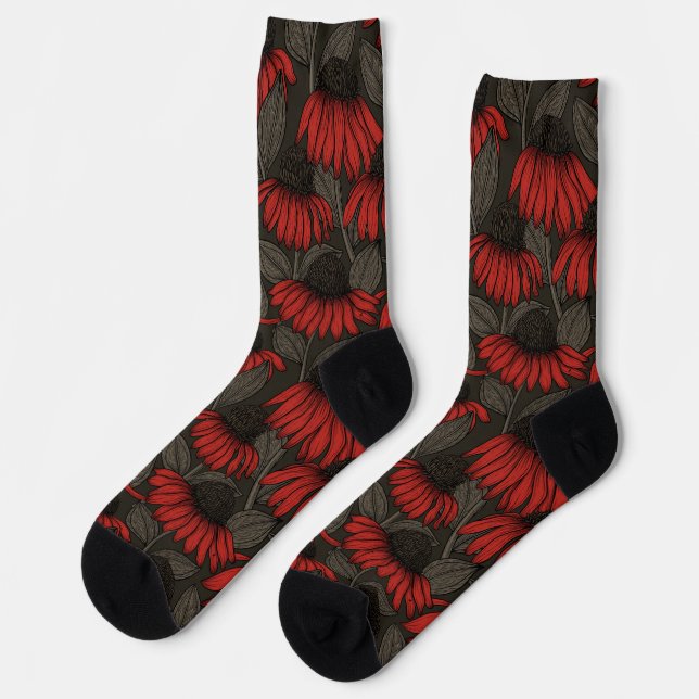 Red coneflowers on brown socks (Left)