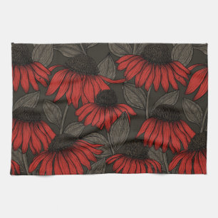 Red coneflowers on brown tea towel