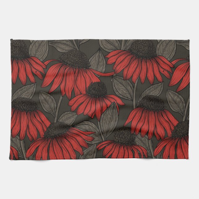 Red coneflowers on brown tea towel (Horizontal)