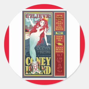red coney island mermaid classic round sticker
