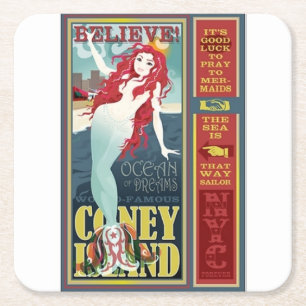 red coney island mermaid square paper coaster