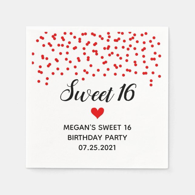 Red Confetti Sweet 16 Birthday Napkin (Front)