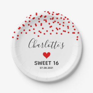 Red Confetti Sweet 16 Birthday Party Paper Plate
