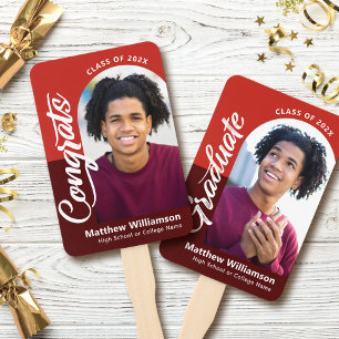 Red Congrats Grad 2 Photos Arch Bold Script Retro Hand Fan