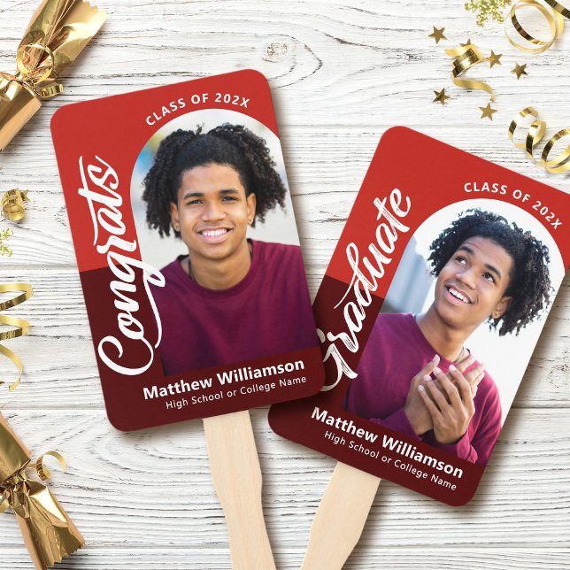 Red Congrats Grad 2 Photos Arch Bold Script Retro Hand Fan (Creator Uploaded)