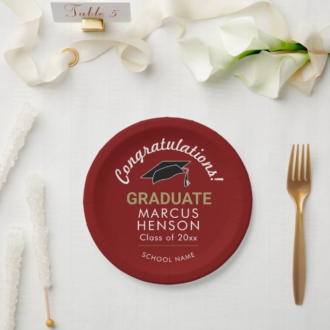Red Congratulations Graduate Graduation Cap Paper Plate (Wedding)