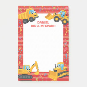 Red Construction Trucks Personalized Mitzvah Post-it Notes