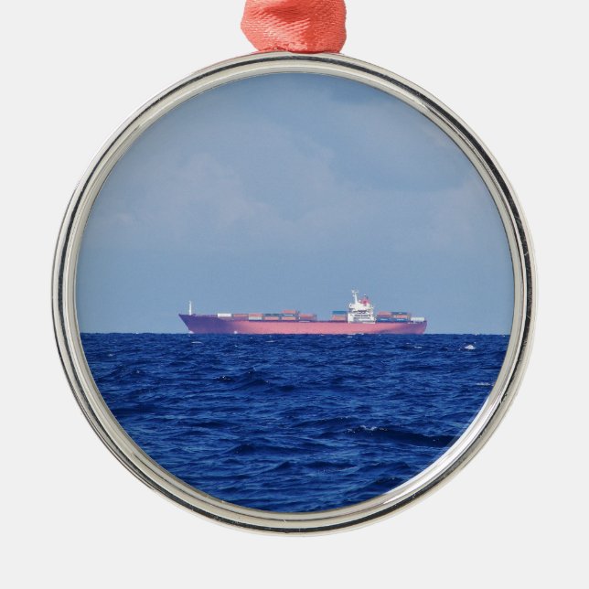 Red Container Ship Metal Tree Decoration (Front)
