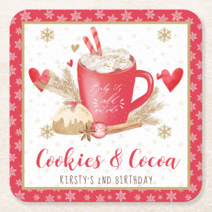 Red Cookies and Cocoa 2nd Birthday Square Paper Coaster