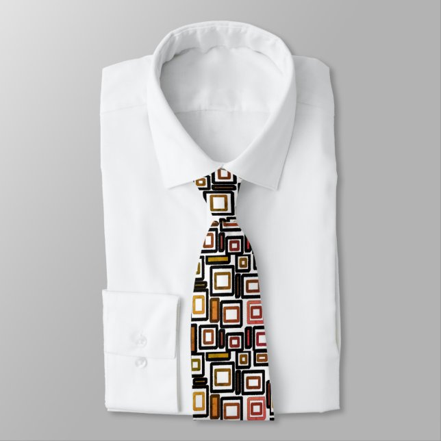 Red Copper Rust Black White Geometric Blocks Tie (Tied)