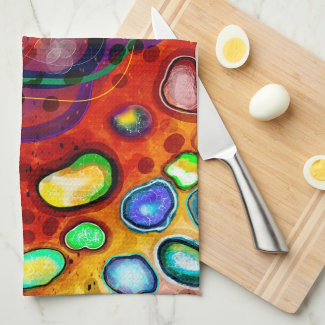Red, Copper, Yellow, Blue, Green Swirls Modern Art Tea Towel (Quarter Fold)