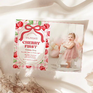 Red Coquette Bow Cherry First Birthday Party Photo Invitation