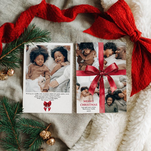 Red Coquette Bow Christmas Winter 5 Photo Holiday Card (Red Coquette Bow Christmas Winter 5 Photo Holiday Card)