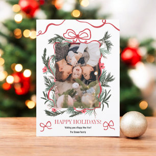 Red Coquette Bow Floral Christmas New Year Photo Holiday Card