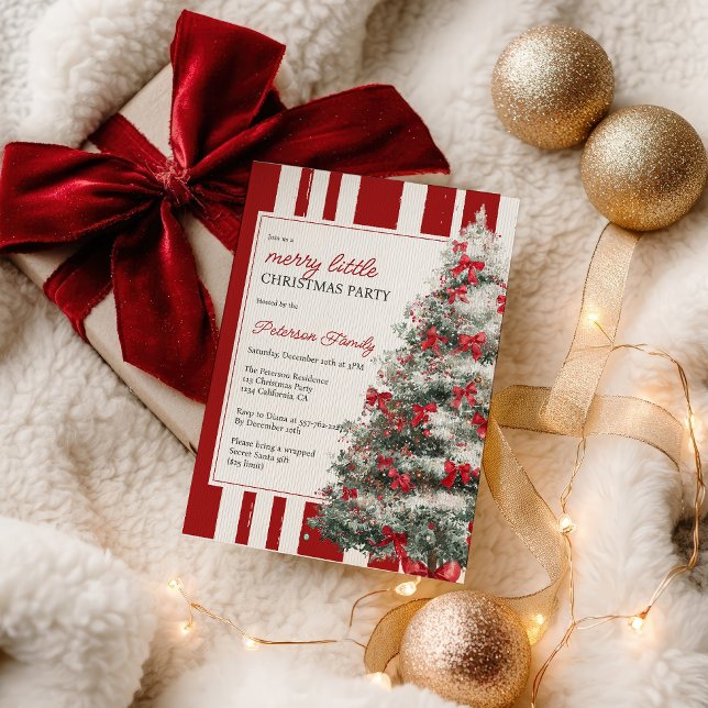 Red Coquette Bow Merry Little Christmas Tree Party Invitation (Red Coquette Bow Merry Little Christmas Tree Party Invitation)