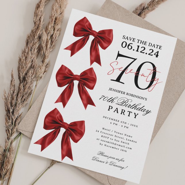 Red Coquette Bow Save Date 70th Birthday Party Invitation (Creator Uploaded)