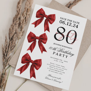 Red Coquette Bow Save Date 80th Birthday Party Invitation