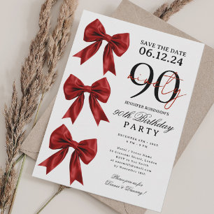 Red Coquette Bow Save Date 90th Birthday Party Invitation