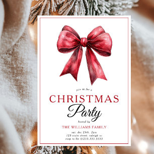 Red Coquette Bow Script Christmas Tree Party Invitation