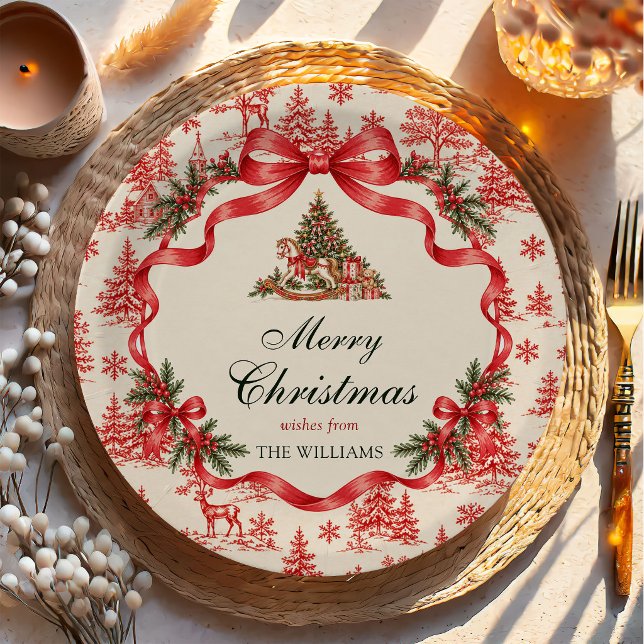 Red Coquette Bow Script Christmas Tree Party Paper Plate (Creator Uploaded)
