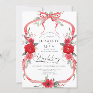 Red Coquette Christmas Winter Bow Monogram Wedding Invitation