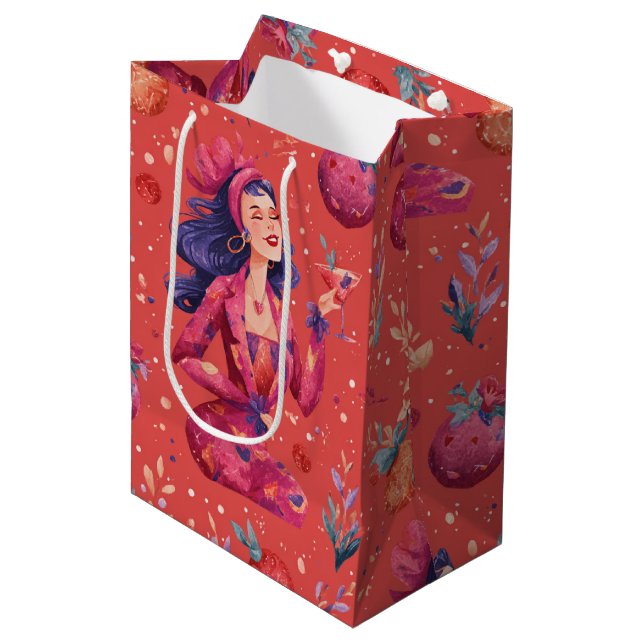 Red Coquette Cocktail Girl Pattern Medium Gift Bag (Front Angled)