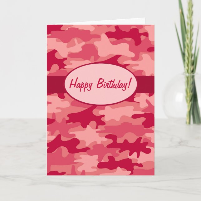 Red Coral Camo Camouflage Happy Birthday Custom Card (Front)