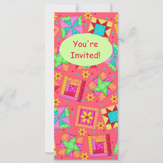 Red Coral Green Patchwork Quilt Block Art Invitation (Front)